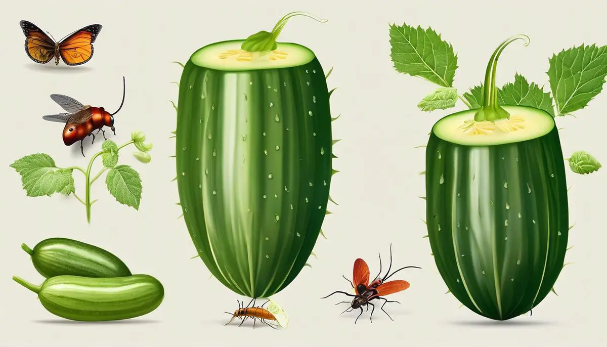 Image of different types of pests that commonly affect cucumber plants, showcasing the variety of shapes, sizes, and colors represented by these pests.