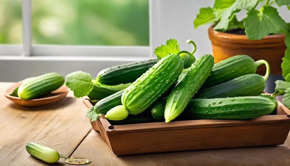 A healthy, green cucumber plant growing in a container.
