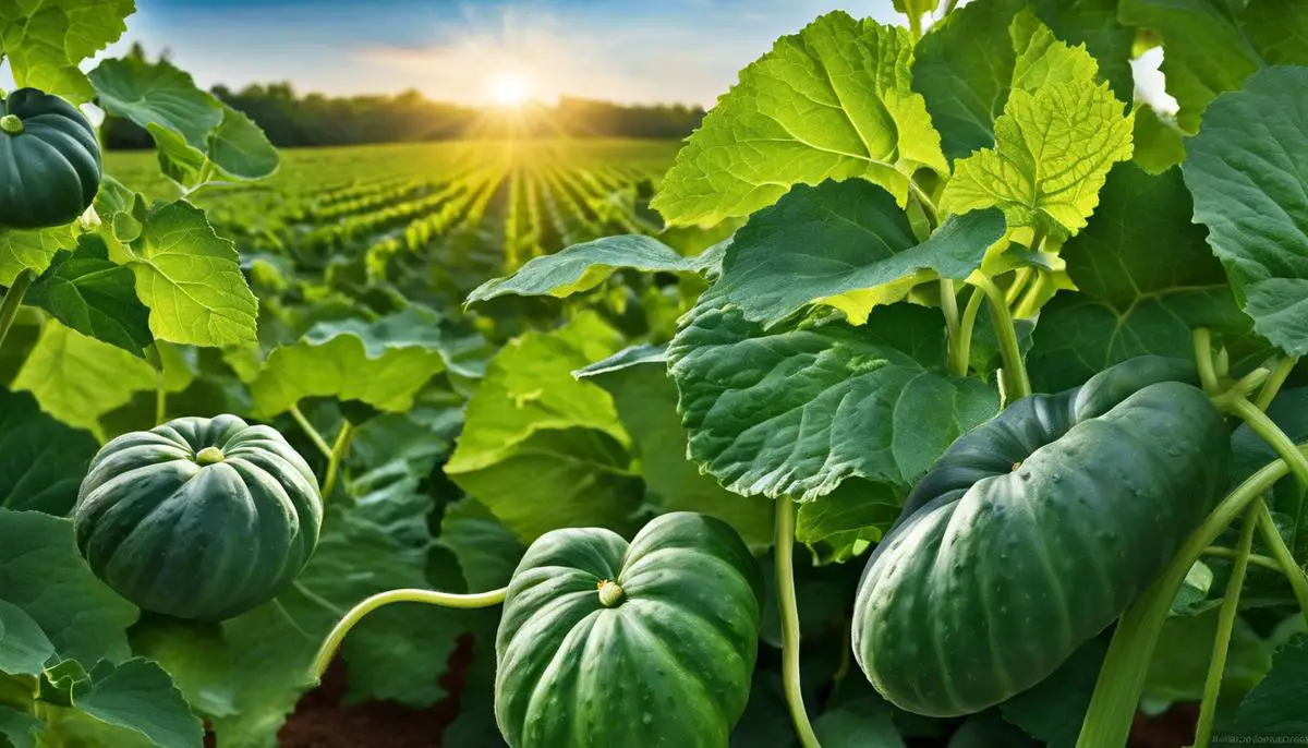 Image depicting a thriving cucumber plant with rich green leaves and bright, plump cucumbers growing on the vines.
