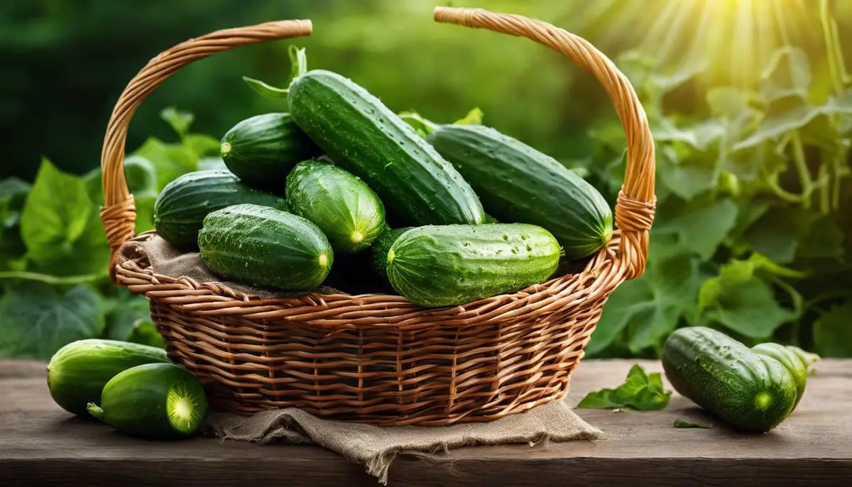 Image of freshly harvested cucumbers in a wicker basket