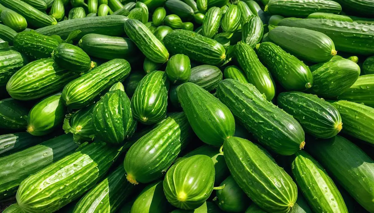 Image of lush, green cucumber plants with many ripe cucumbers growing on them