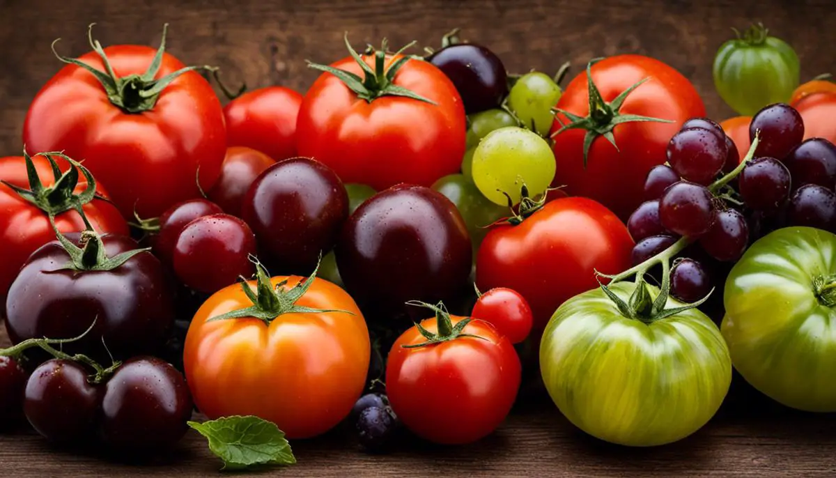 Varieties of tomatoes including beefsteak, roma, cherry, and grape, showcasing their different colors and sizes.