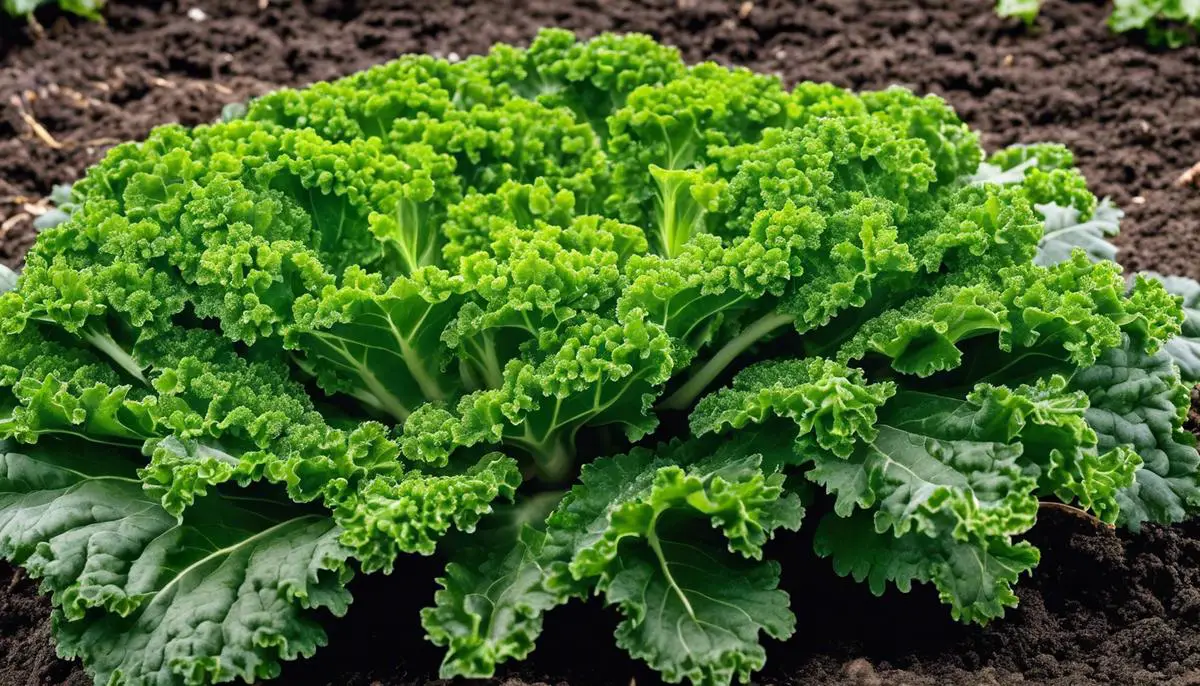 An image of healthy curly kale plants growing in well-maintained soil in a garden