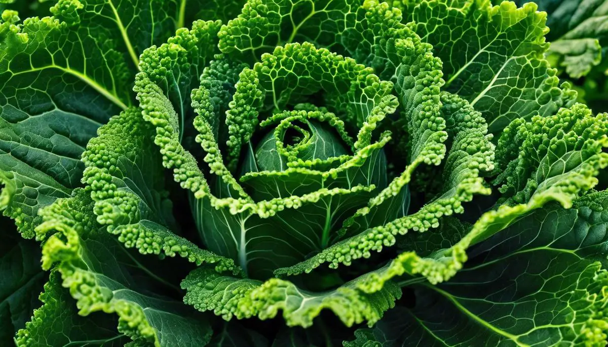 A close-up image of curly kale leaves, vibrant green and tightly curled, growing in a garden.