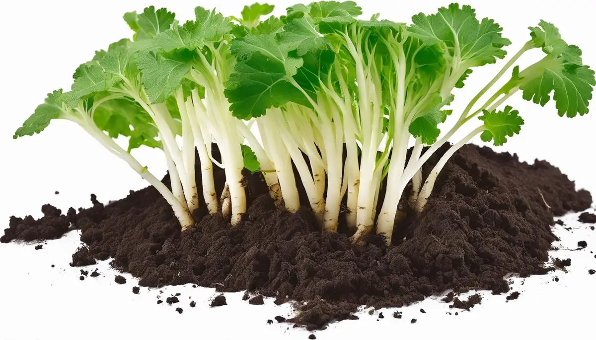 Daikon radish plant with leaves and white roots emerging from the soil