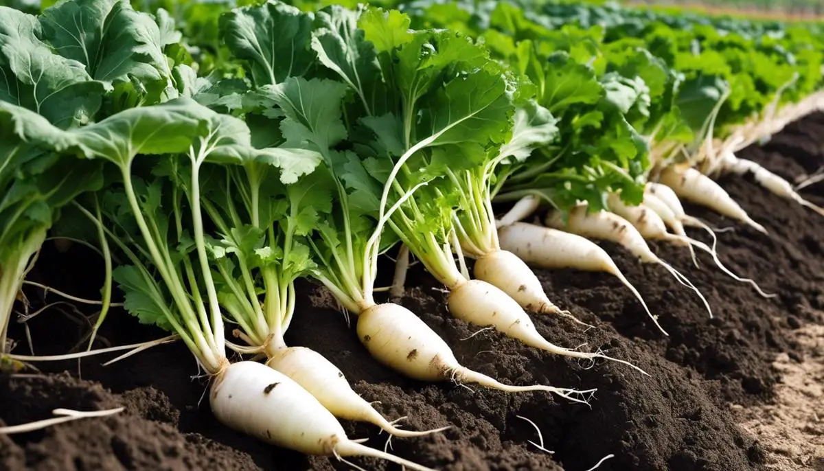 A picture of healthy Daikon radishes planted in well-prepared soil with green leaves and white roots harvested from a garden.