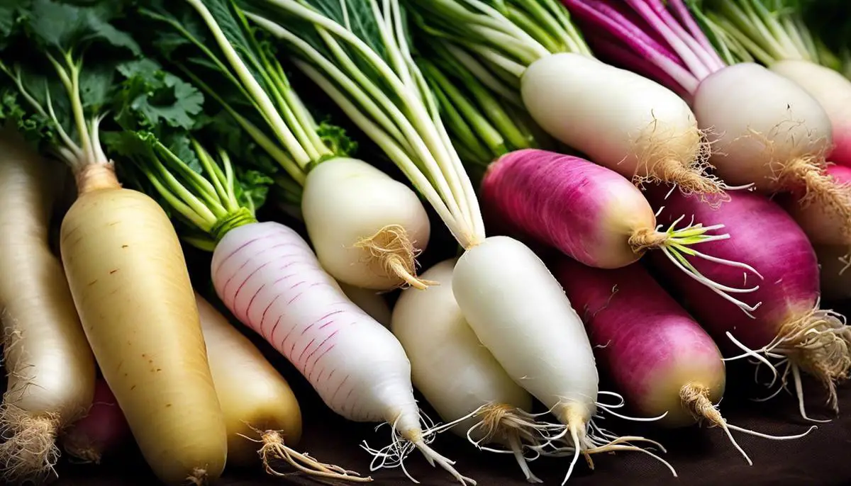 A photo showcasing the different types of Daikon radishes, their varying shapes, and colors.