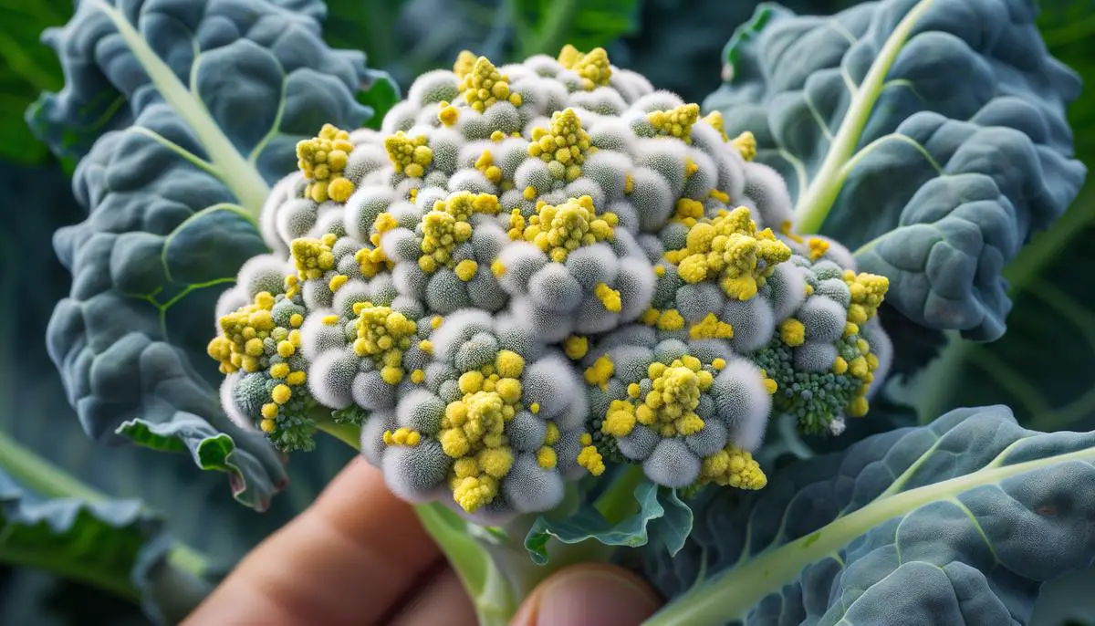 Close-up image showing the yellow areas and fluffy, grayish-white fungal growths characteristic of downy mildew on broccoli leaves