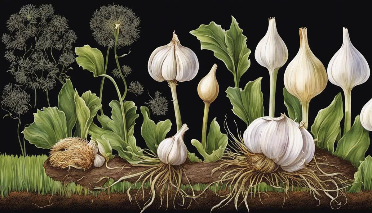 Illustration depicting the life cycle of a garlic plant, from planting to harvesting
