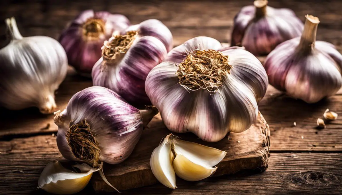 Image of freshly harvested garlic bulbs on a wooden table.