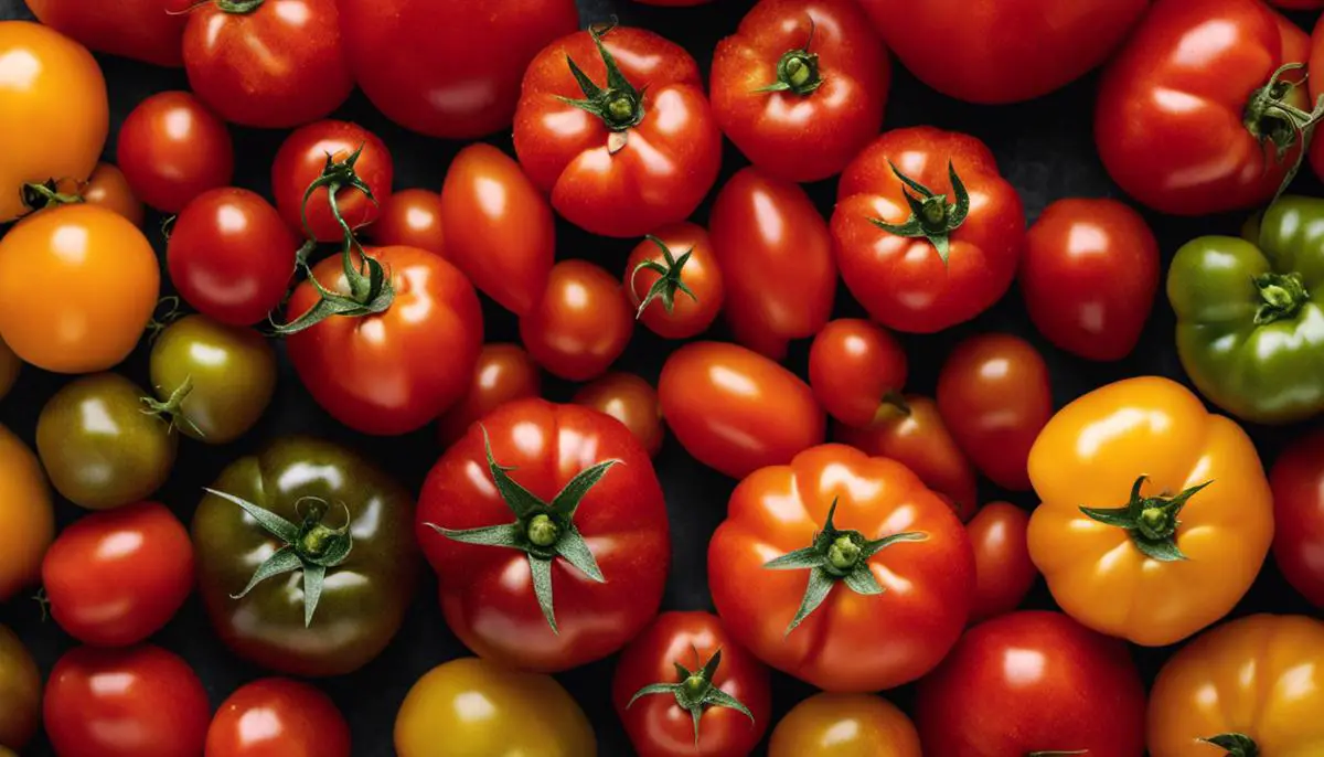 A close-up image of hybrid tomatoes, showcasing different colors and sizes