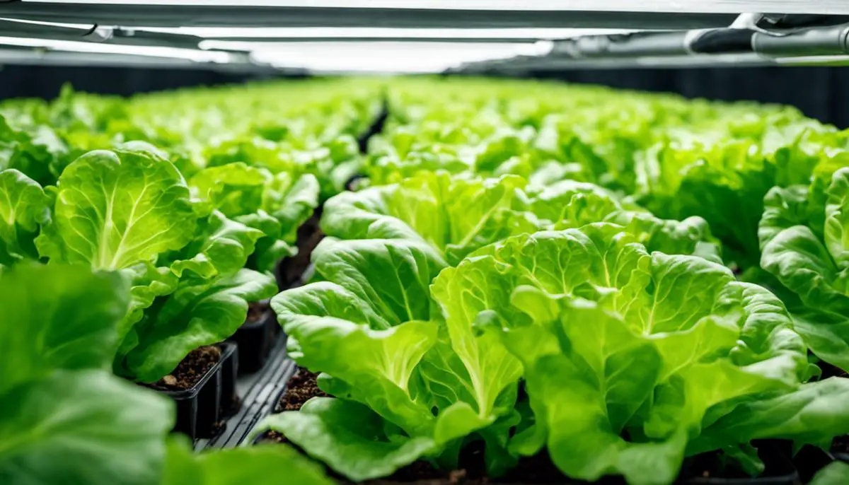 Image of lush green lettuce leaves growing in a hydroponic system