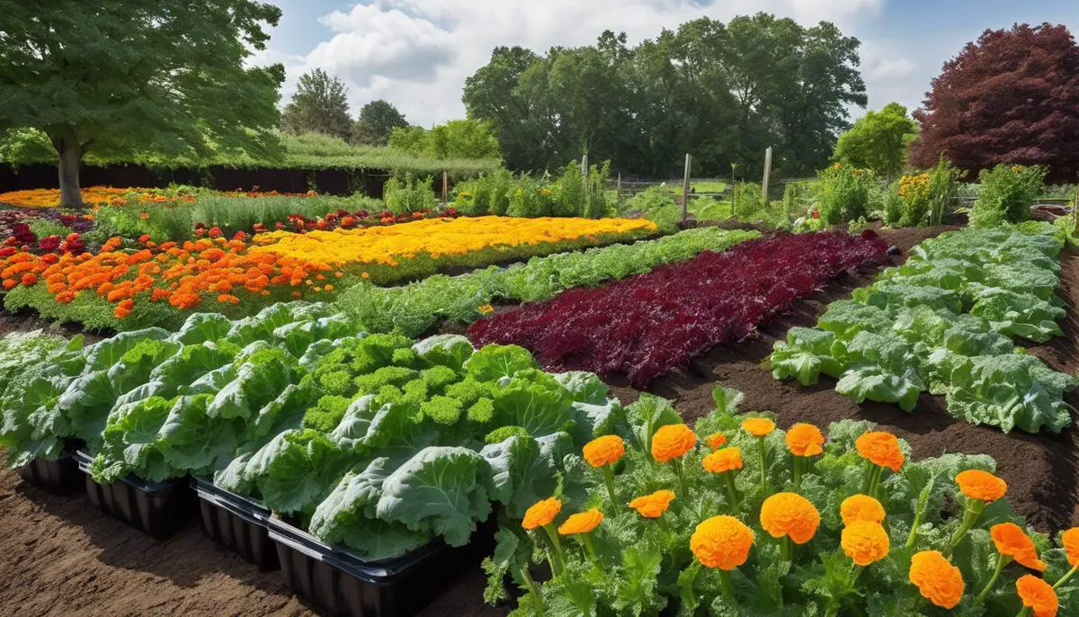 Image of kale plants with marigolds, onions, beets, and nasturtiums planted alongside them, representing the concept of companion planting