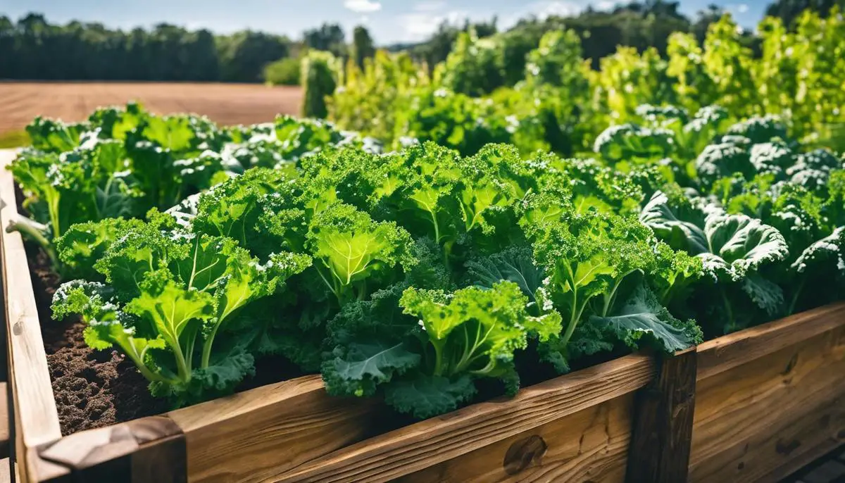 A photo of a deep and wide container filled with healthy kale plants growing in a sunny garden.