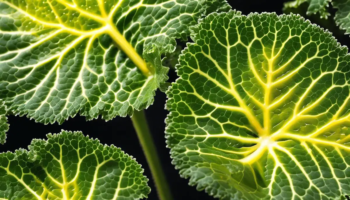 Image depicting the yellow patches of downy mildew on kale leaves and the fluffy, grayish-white mold on the undersides. Alternaria leaf spot is represented by concentric rings on leaf spots.
