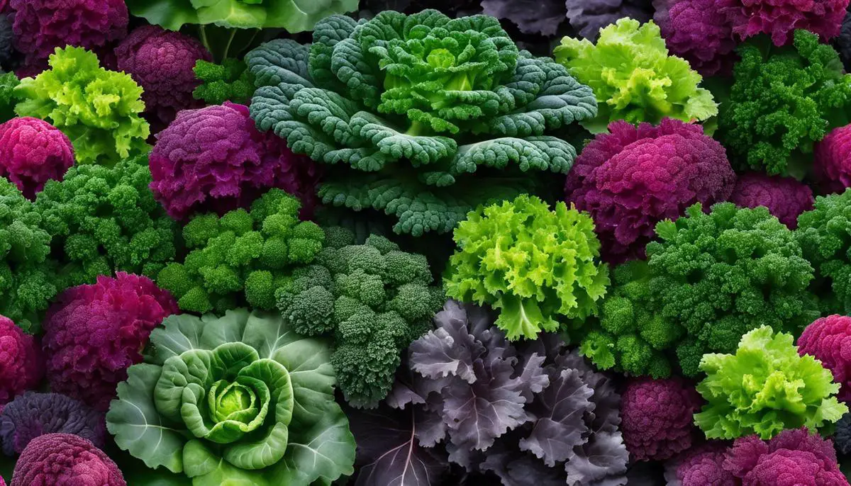 Image of various kale varieties, showcasing their different colors, textures, and flavors for someone that is visually impaired