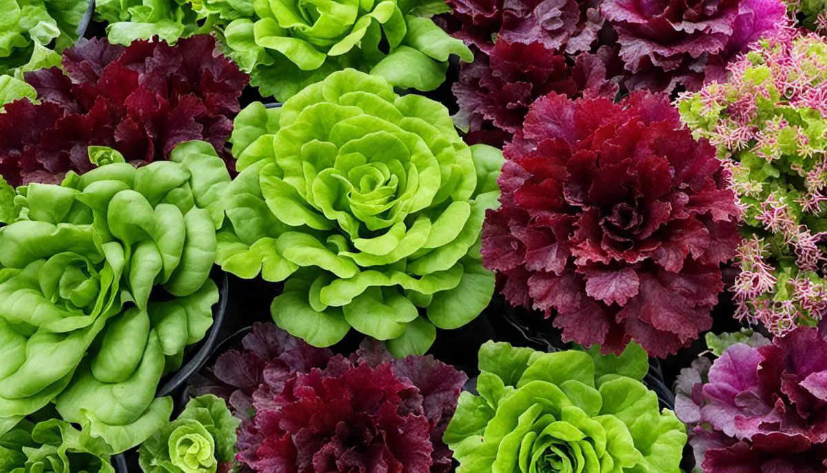 Image of various lettuces grown in containers, showcasing different colors and textures for a visually appealing salad.