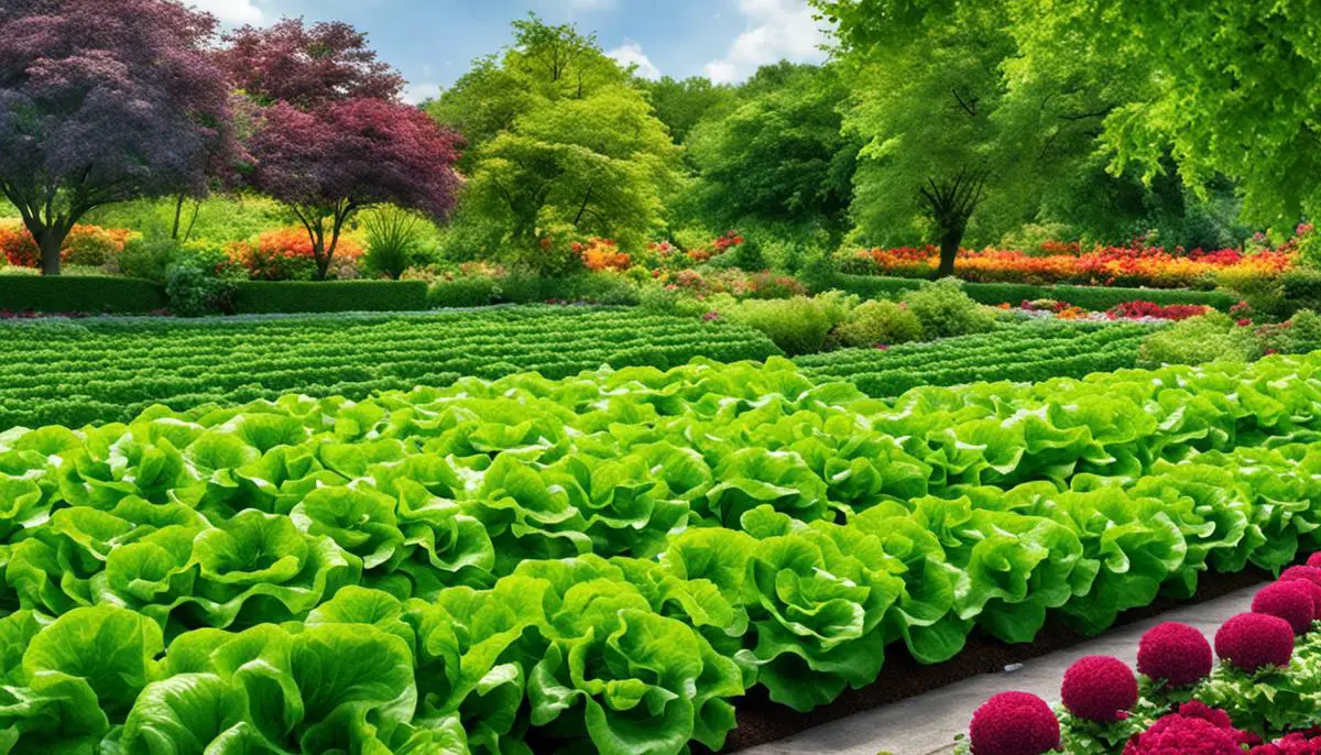 An image of a lush lettuce garden with vibrant green leaves and various lettuce varieties.