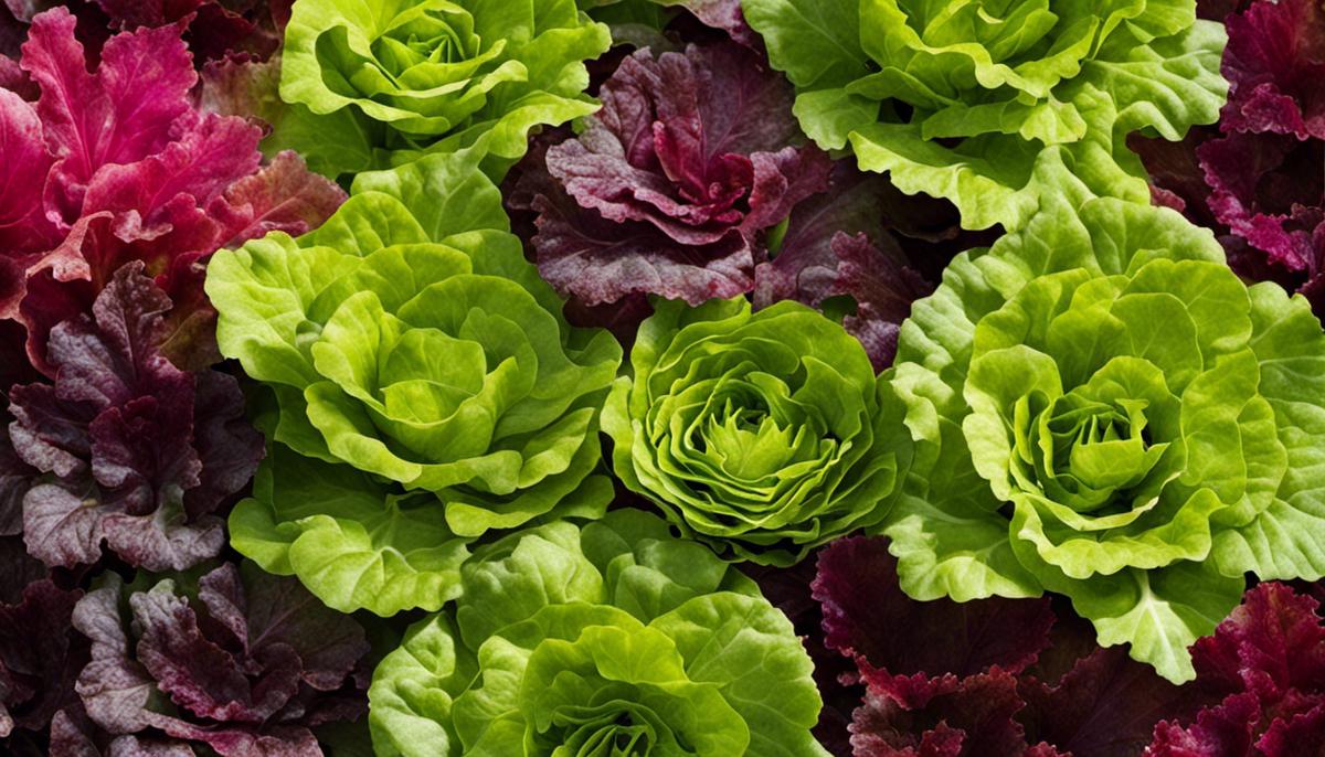 Different varieties of lettuce, including Oak Leaf Lettuce, Batavia lettuce, and curly endive, showcased in vibrant colors.