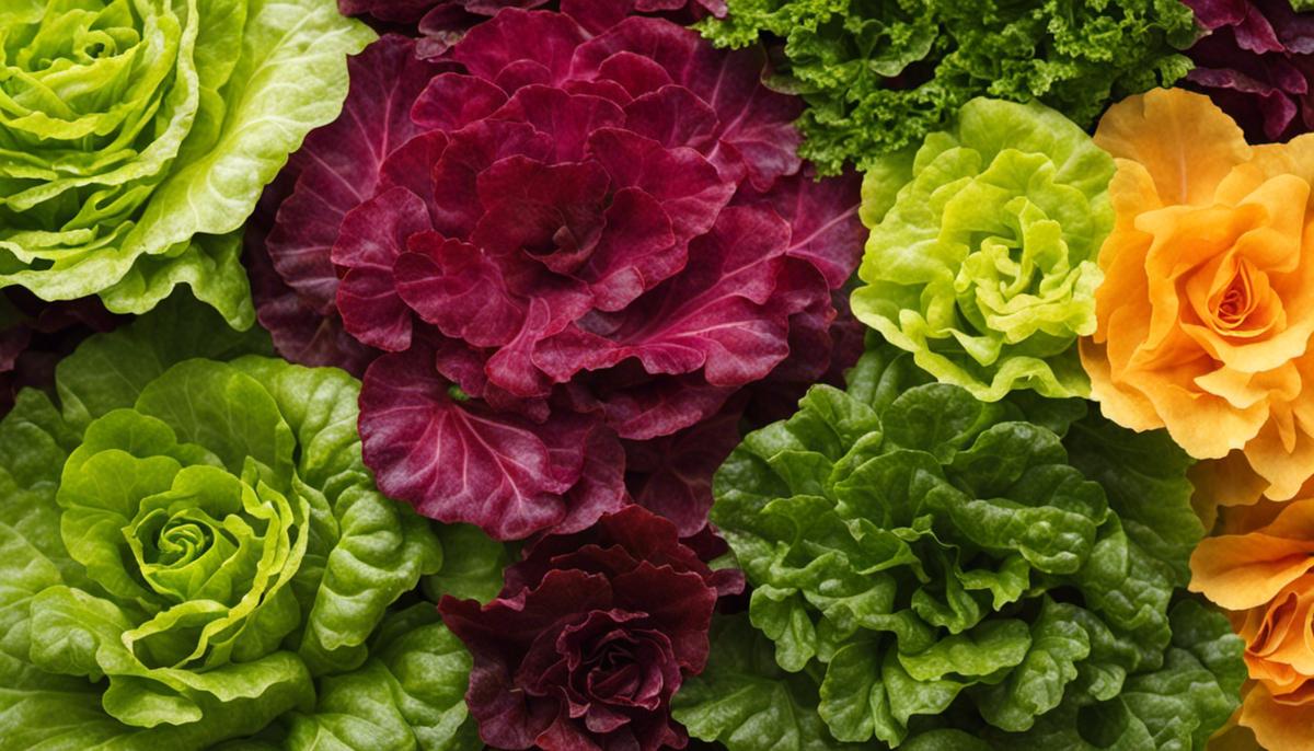 Different types of lettuce leaves in vibrant colors, showcasing the variety in visual appeal and flavor.