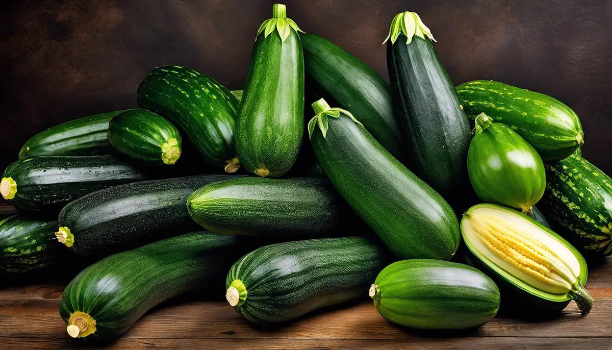 Image of a lush zucchini harvest with a variety of sizes and shapes for someone that is visually impaired to understand the success of growing zucchini.