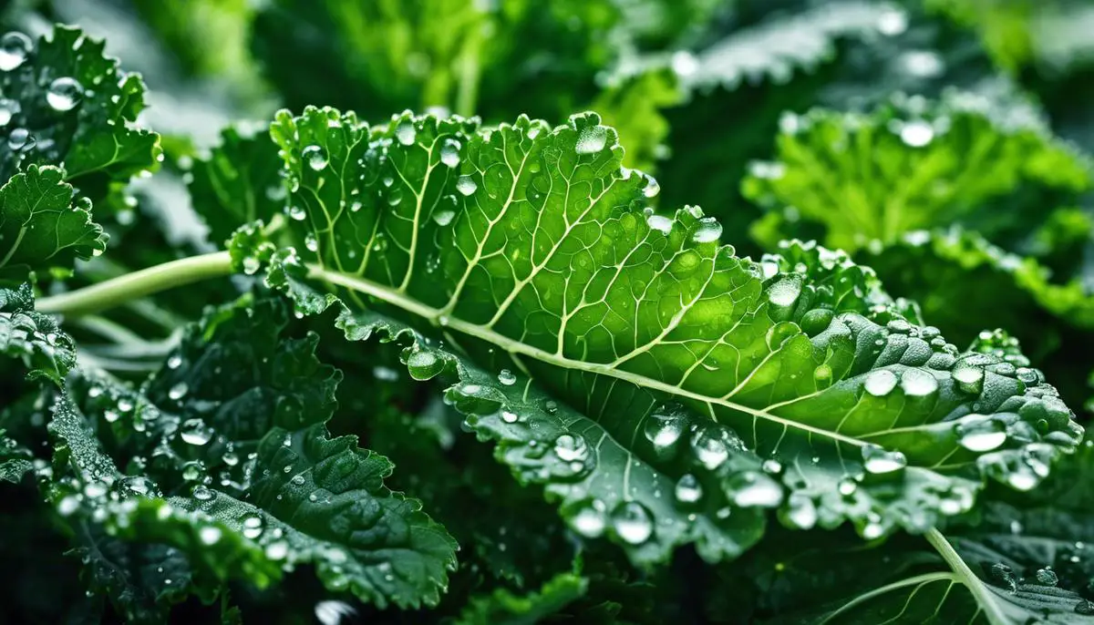 A bunch of fresh organic kale leaves with water droplets, symbolizing the freshness and health benefits of certified organic kale.