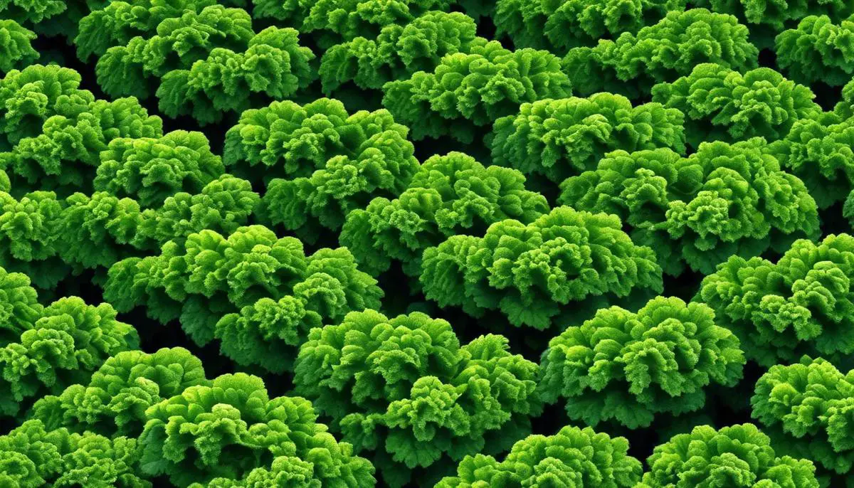 A field of organic kale with vibrant green leaves, showcasing the healthy and sustainable nature of organic farming.