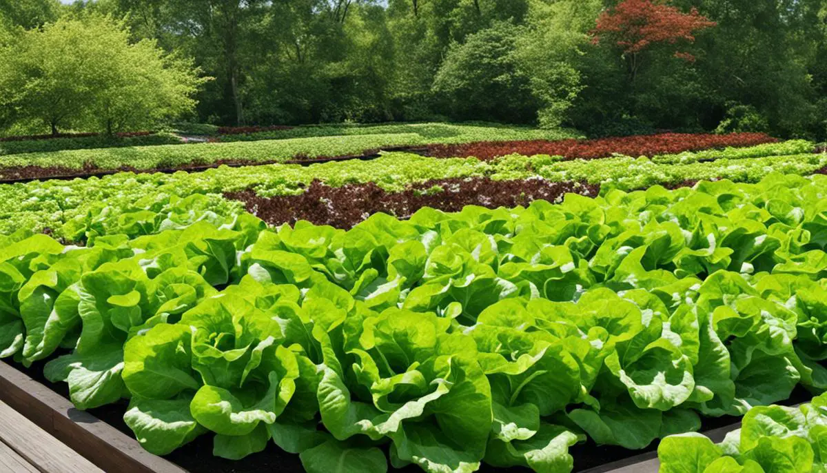 An image showing a garden bed filled with thriving organic lettuce plants.