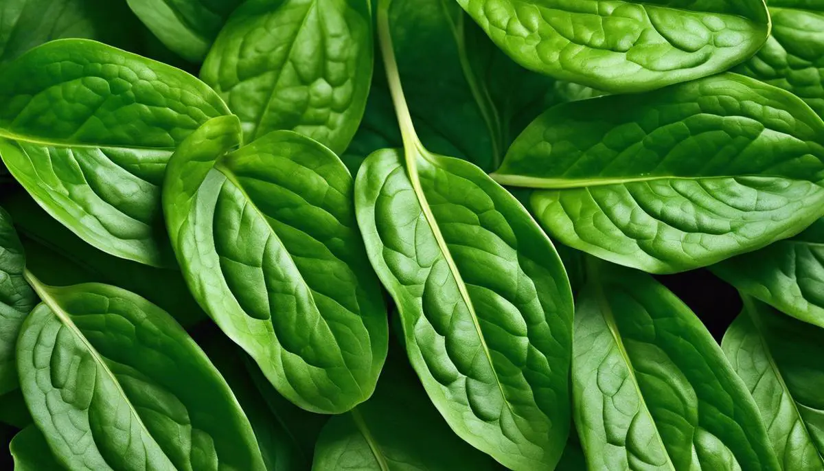 A close-up image of organic spinach leaves, showcasing their vibrant green color and fresh appearance.