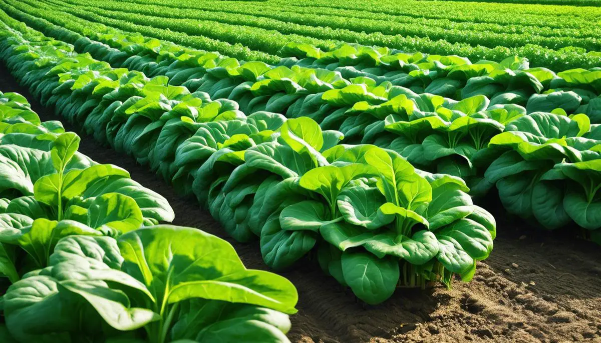 An image depicting a lush organic spinach farm with green leaves in rows.