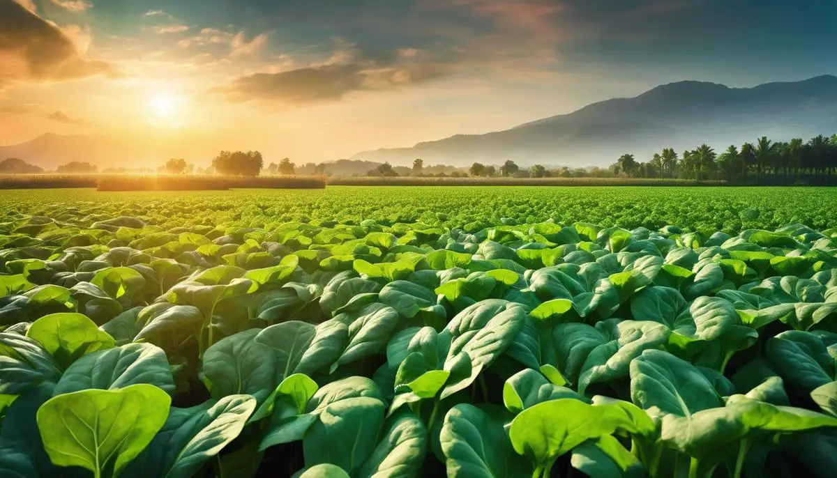 Image of organic spinach farming, showcasing the healthy crops and vibrant ecosystem of a spinach field
