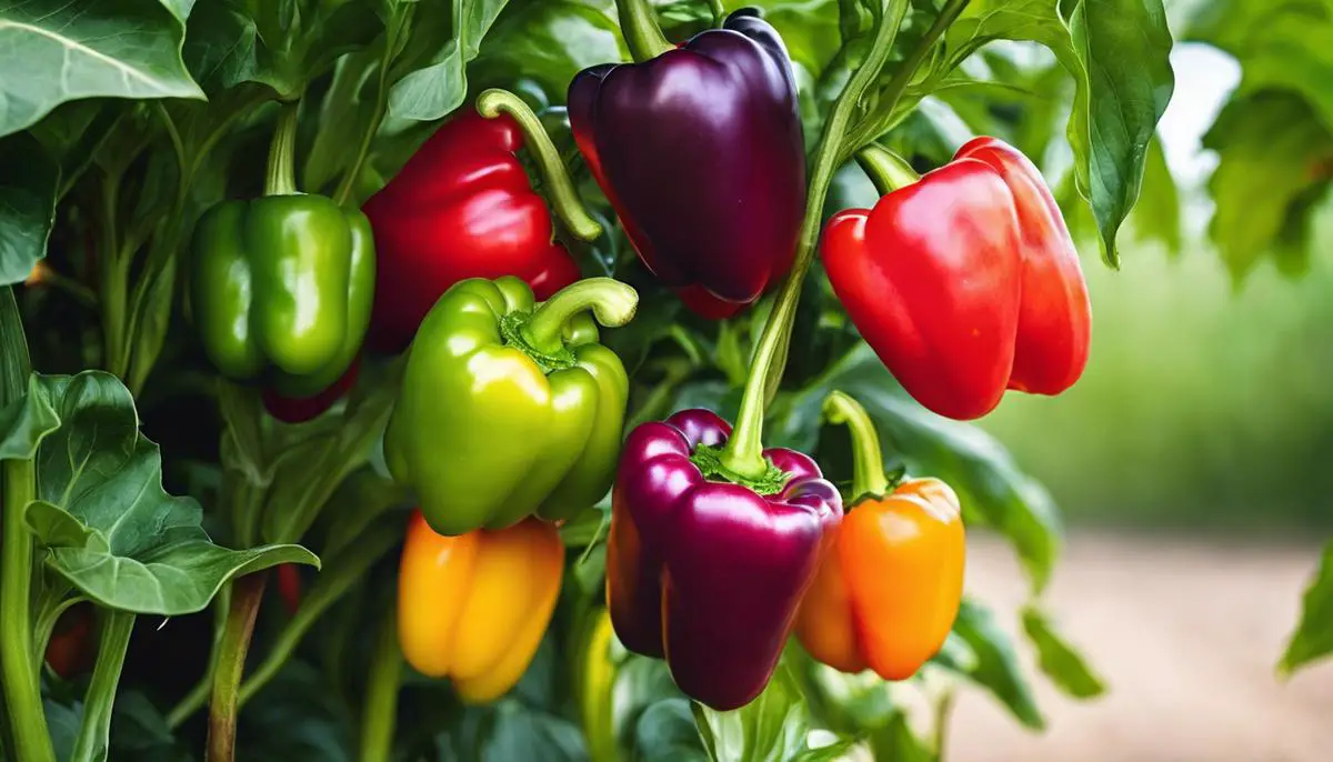 Image of colorful sweet bell peppers growing on a plant