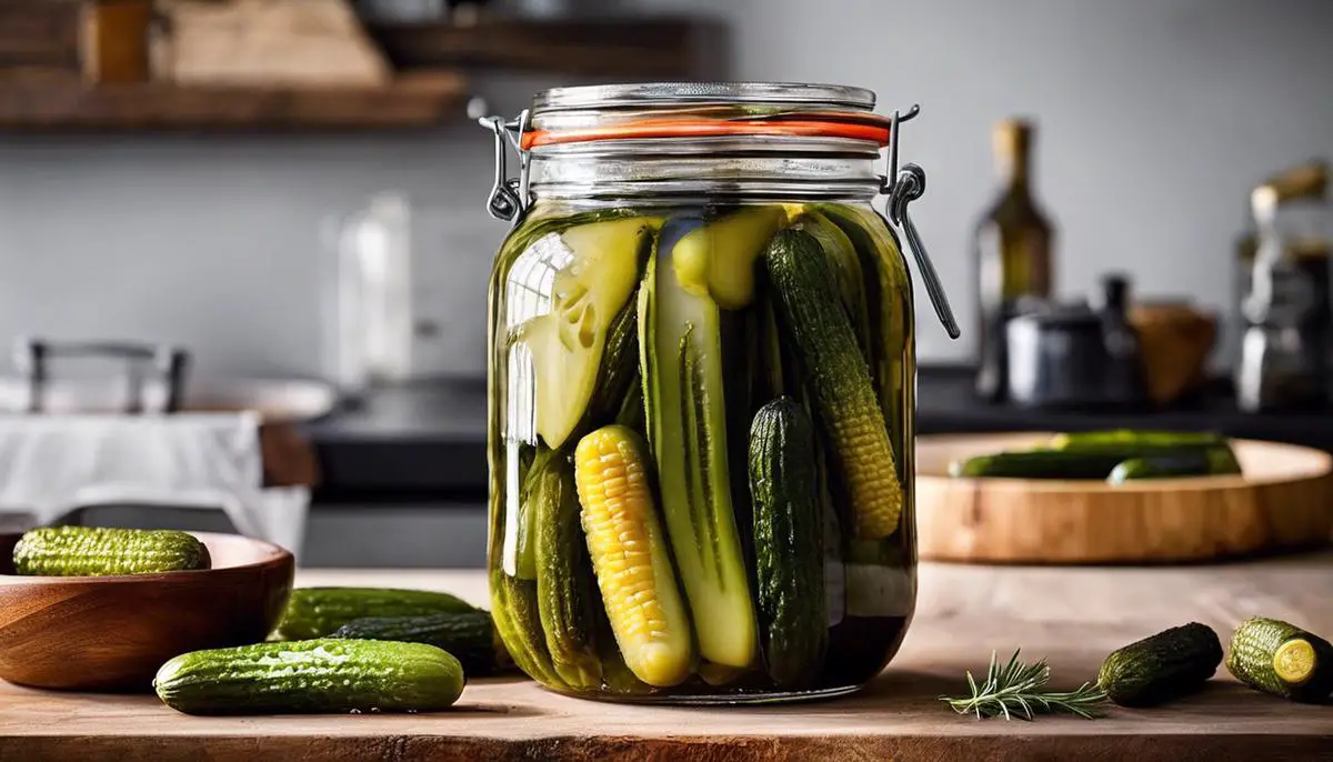 A jar filled with pickles submerged in their brine, creating a savory and appetizing sight.