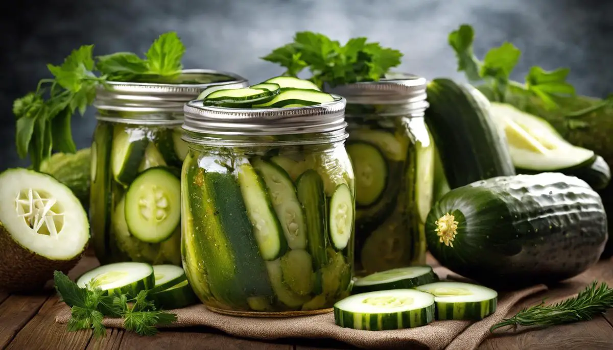 A jar of pickled cucumbers ready to be enjoyed.