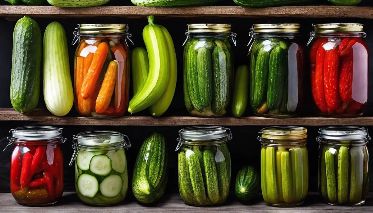 Image of different types of cucumbers for pickling in jars.