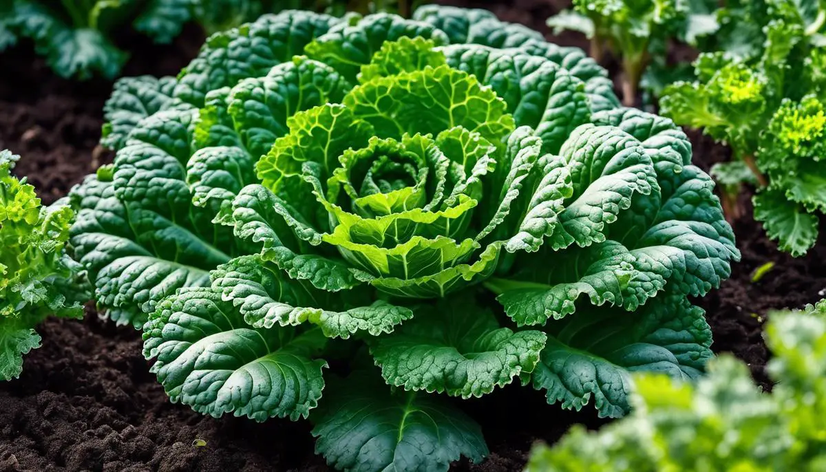 Image of a kale plant being planted in a garden bed surrounded by other plants.