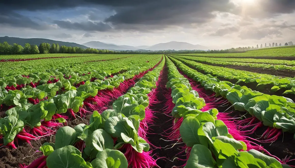 A field of radishes with green leaves and red roots, showcasing a healthy radiculture operation.