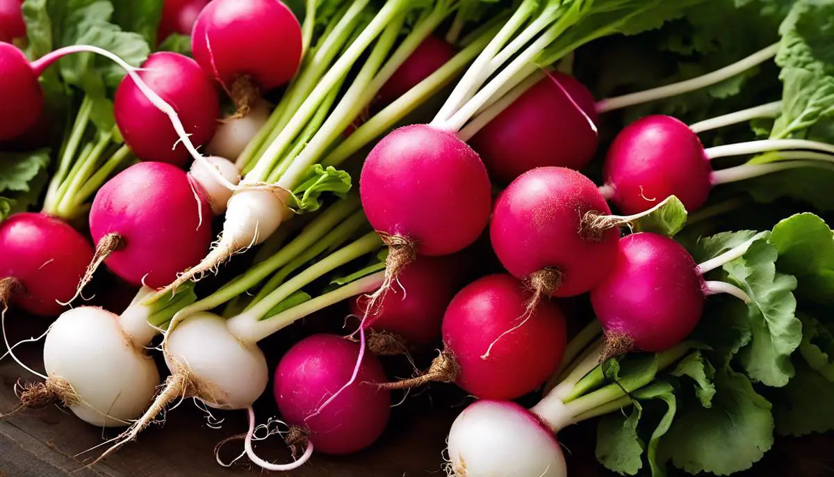A close-up photo of freshly harvested radishes, with their vibrant colors and green stems, showcasing the delightful crunchiness and juicy texture of radishes.