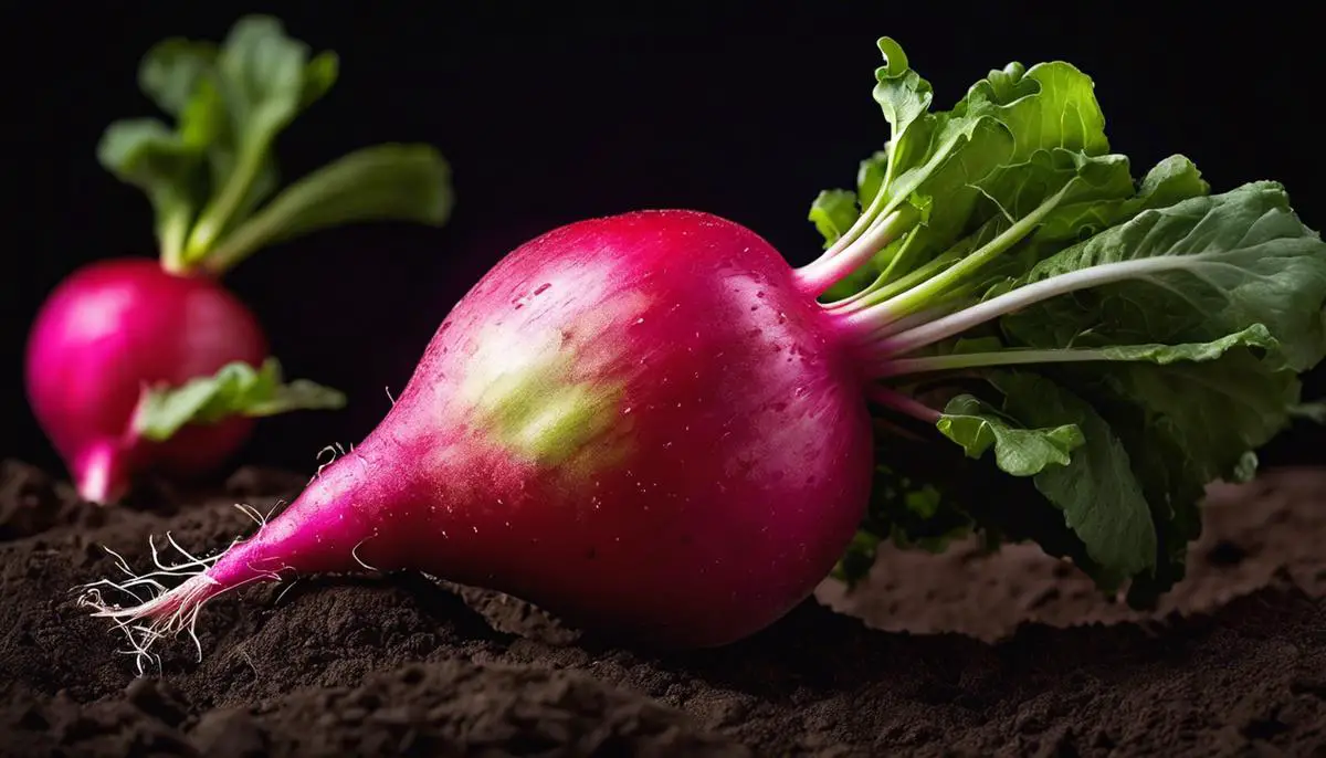 A plump, colorful radish popping out of the dark earth.