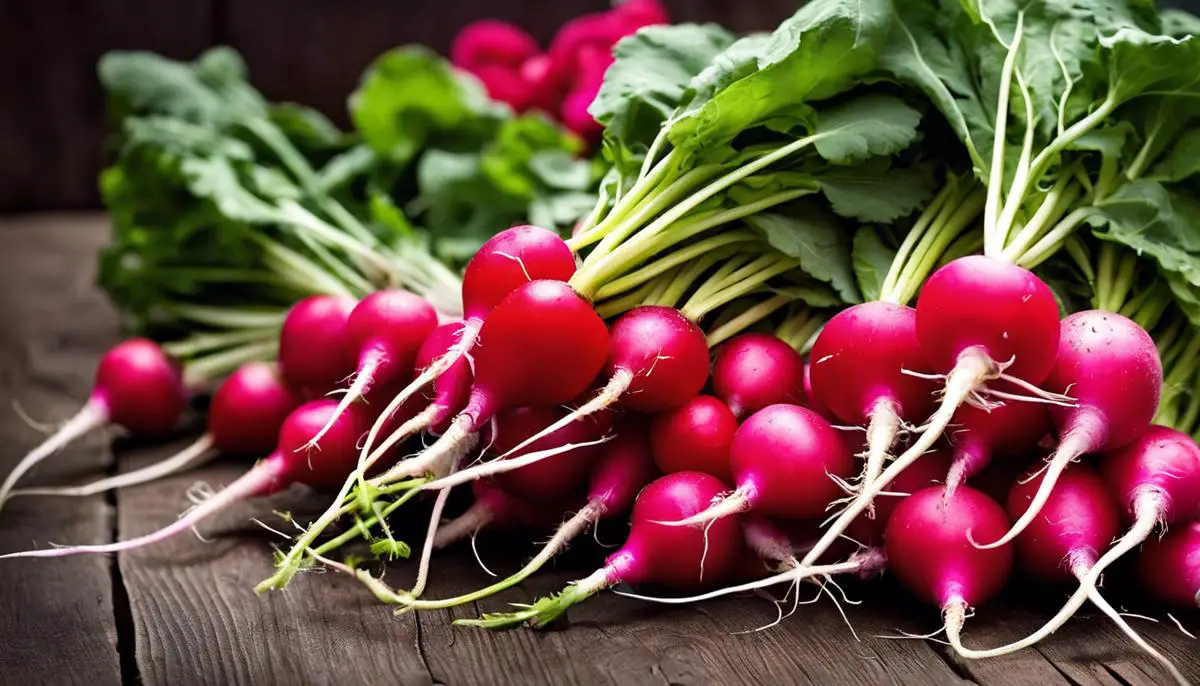 A bunch of freshly harvested radishes from a container garden.