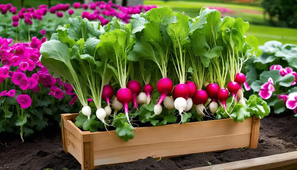 A photo showing radishes growing in containers, demonstrating the diverse range of colors, shapes, and flavors available in container gardening.