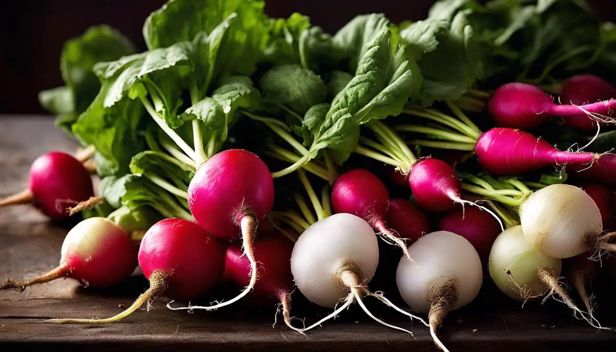 A close-up image of freshly harvested radishes, showcasing their vibrant colors and crisp textures.