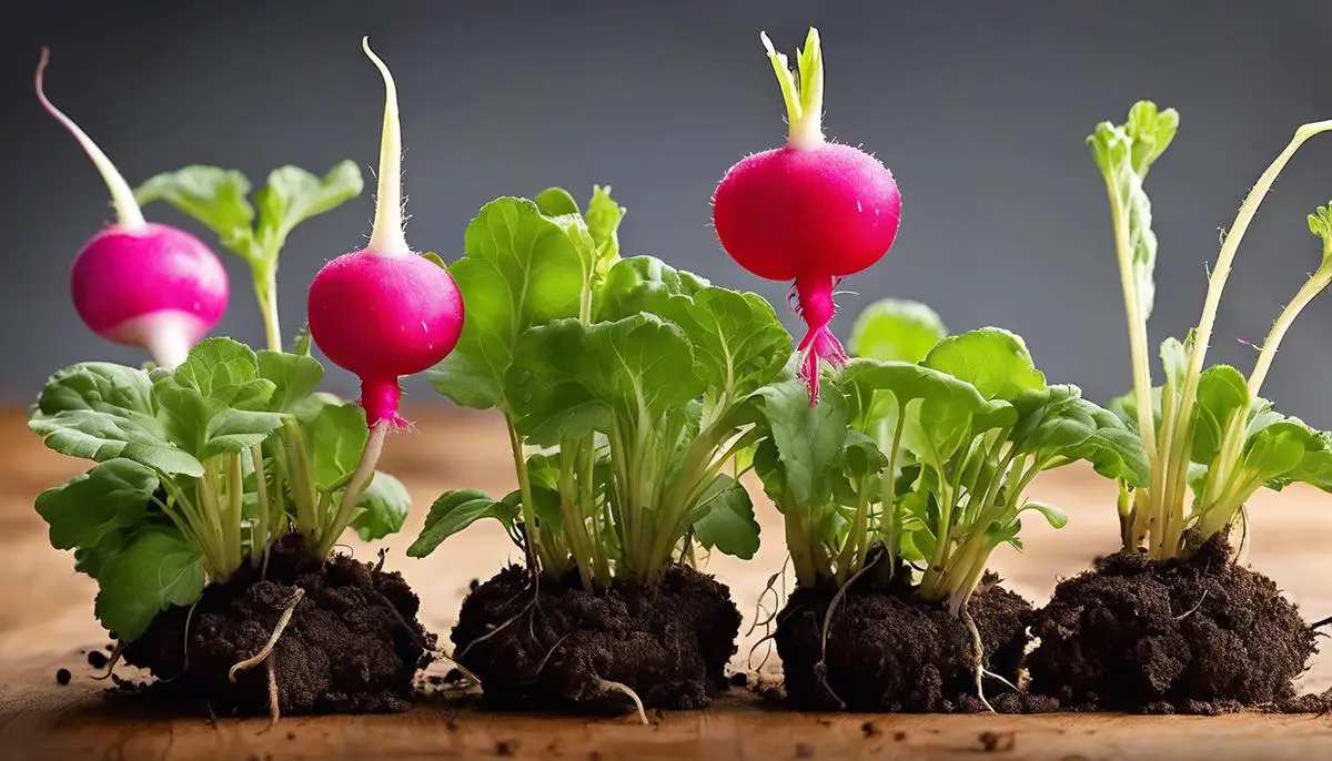 A vibrant image showcasing the growth stages of radishes, from seedling to mature plant.
