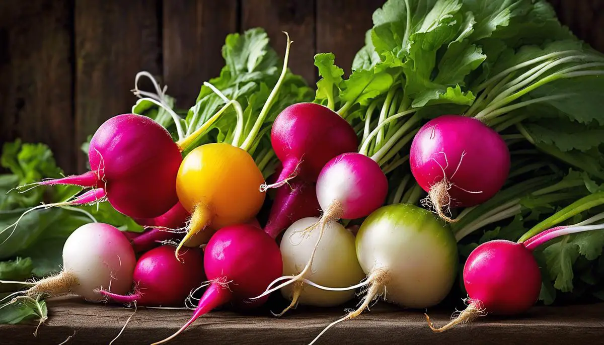 A vibrant image capturing a variety of radishes, showcasing their vibrant colors and shapes.