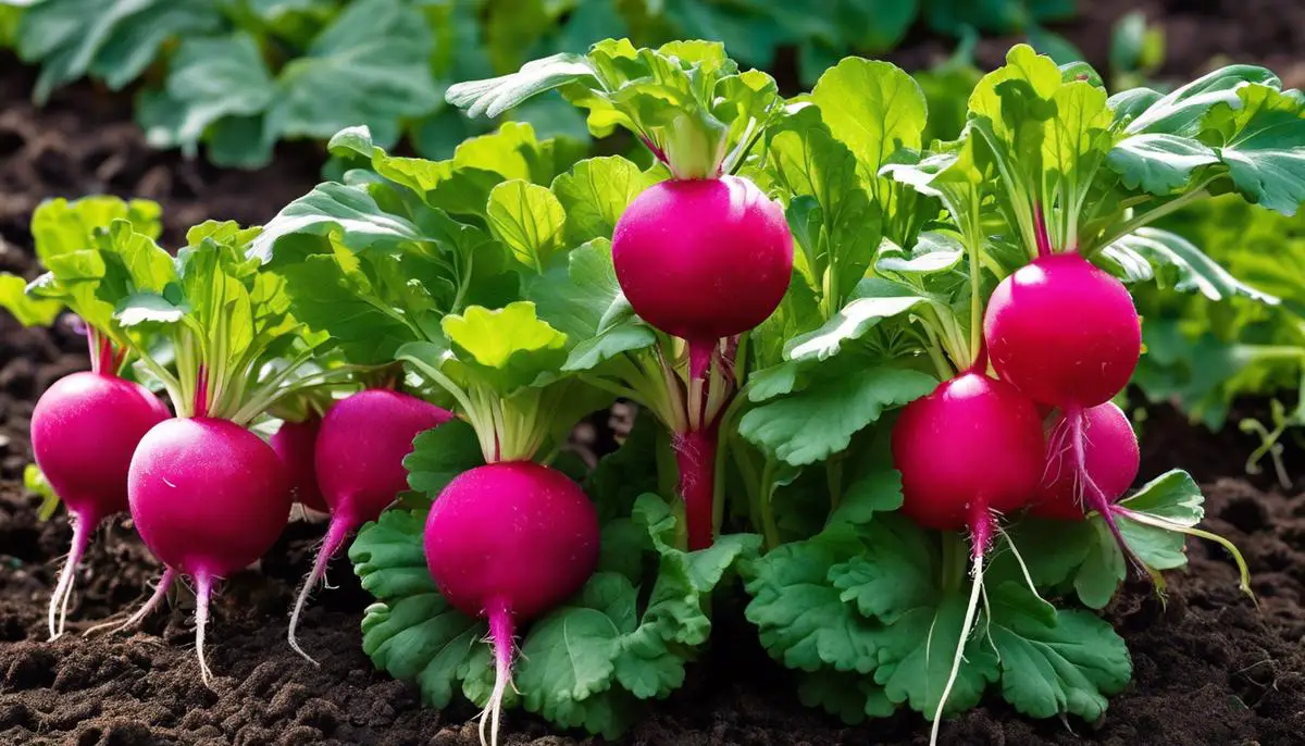 A picture of a vibrant and healthy radish plant in a garden bed.