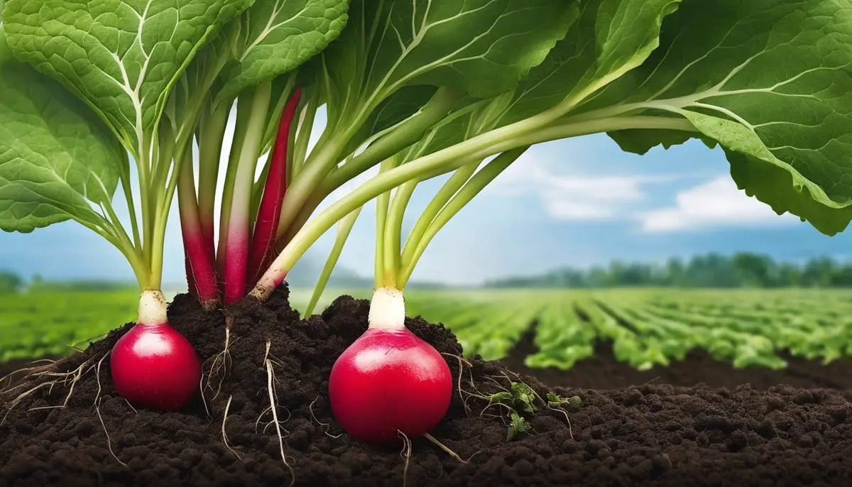 Illustration of a radish being nurtured from seed to root, representing the process of radish cultivation.