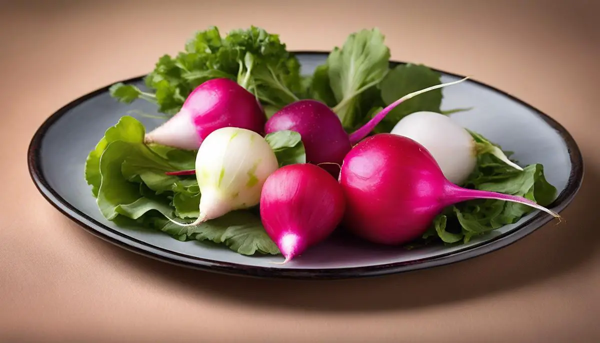 A variety of radishes displayed on a plate, showcasing their different colors and shapes