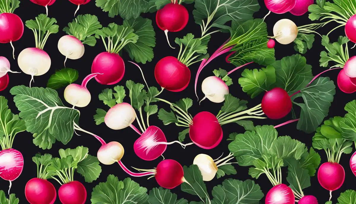A bunch of vibrant, zesty radishes with their leafy greens still intact