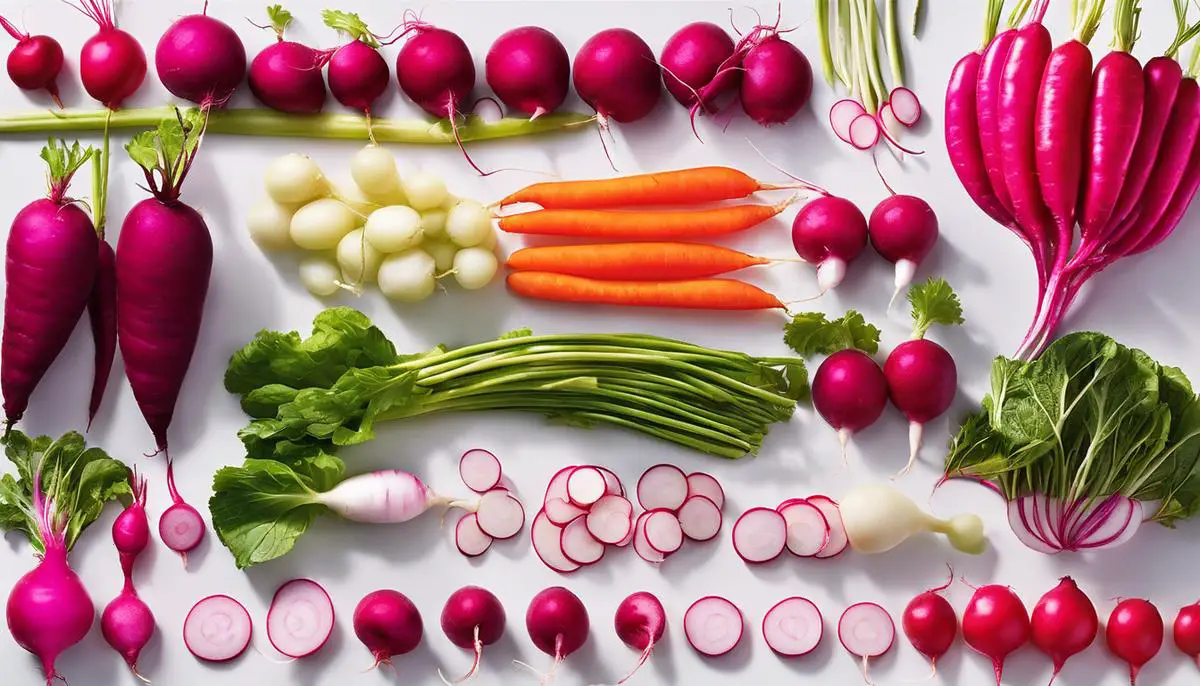 A colorful image displaying different types of radishes, showcasing their variety and versatility in culinary cultures.
