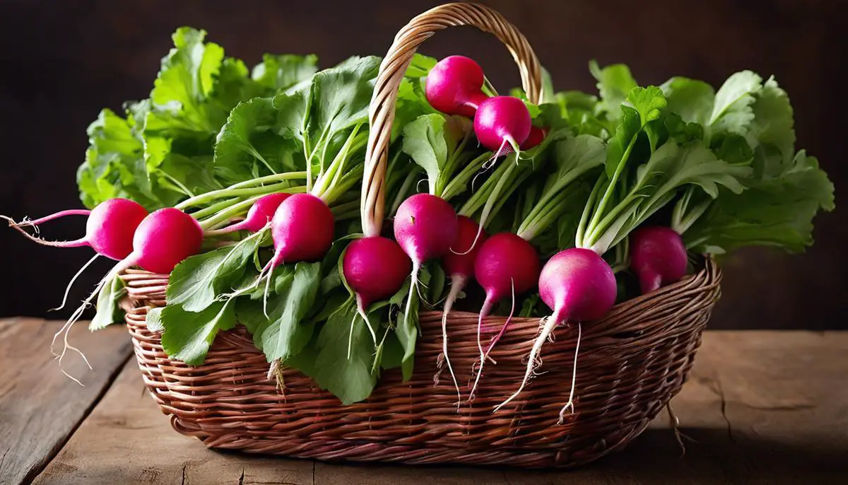 A bunch of freshly harvested radishes with their green tops still intact in a garden basket